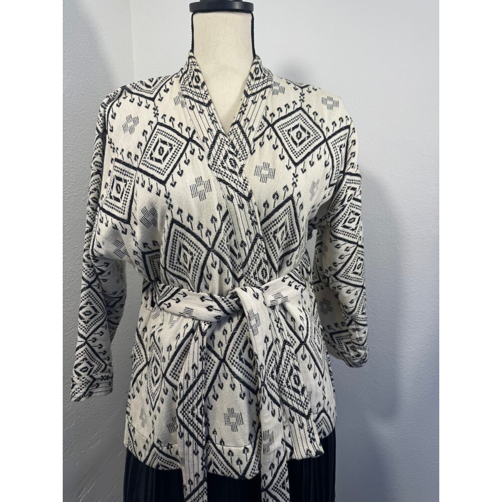 Madewell Cream Black Woven Kimono Jacket Tie Wrap Jacket M Cotton Blazer